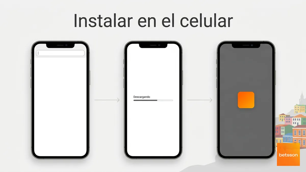 Tres pantallas de celular mostrando los pasos para descargar e instalar la app de Betsson en Android.
