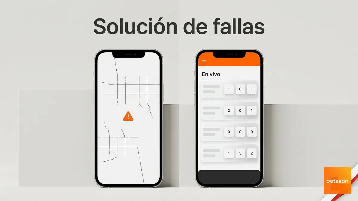 Comparación de dos celulares mostrando un error y la app de Betsson funcionando correctamente tras solucionarlo.