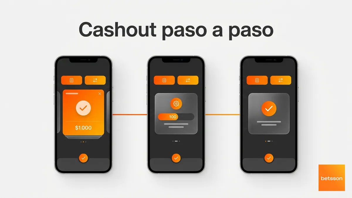 Secuencia de pantallas móviles mostrando cómo aplicar Cashout en Betsson Chile