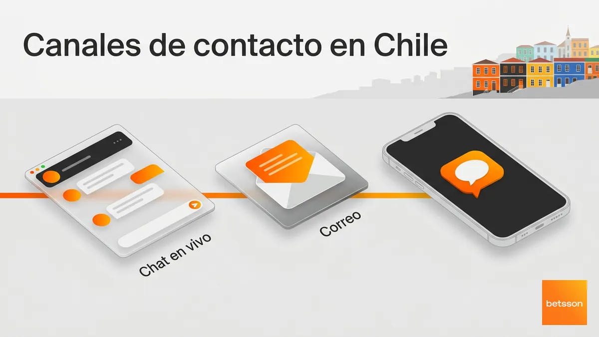 Tres canales de contacto de Betsson Chile: chat en vivo, correo electrónico y WhatsApp