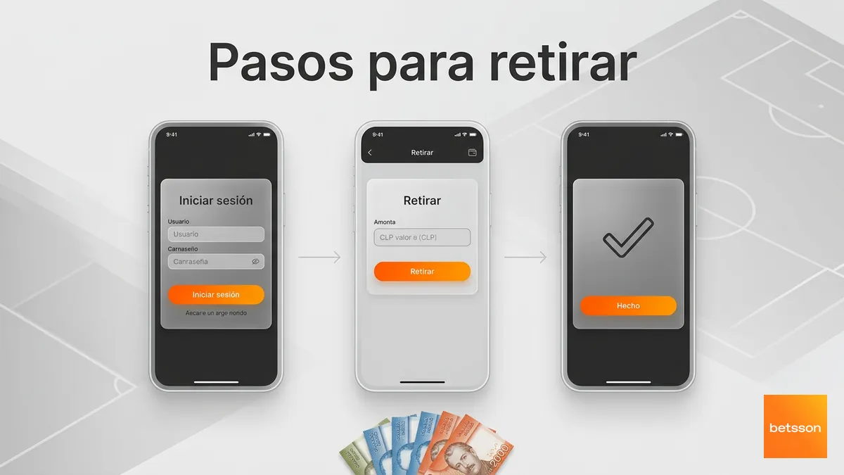 Pasos para retirar dinero en Betsson Chile desde la web y la app, en tres pantallas.